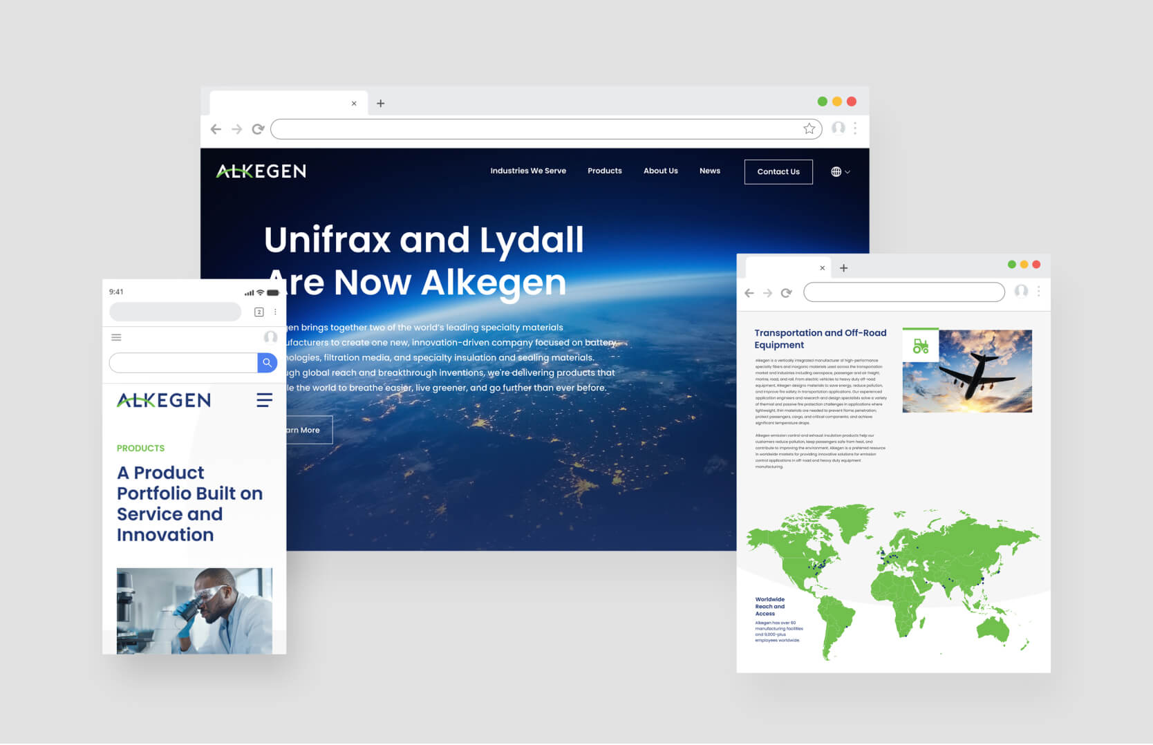 Alkegen website in desktop, table and mobile views