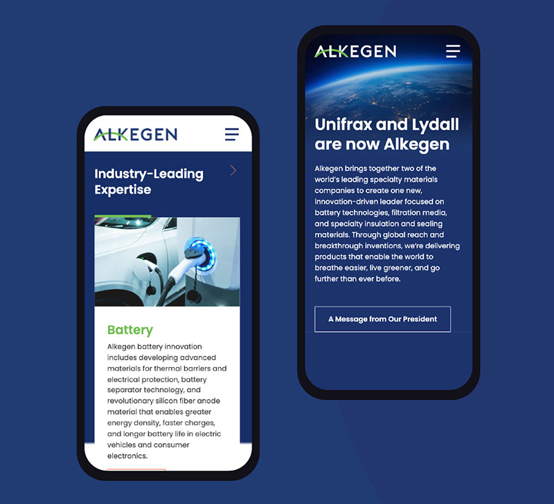Two mobile phone screens showing Alkegen's website