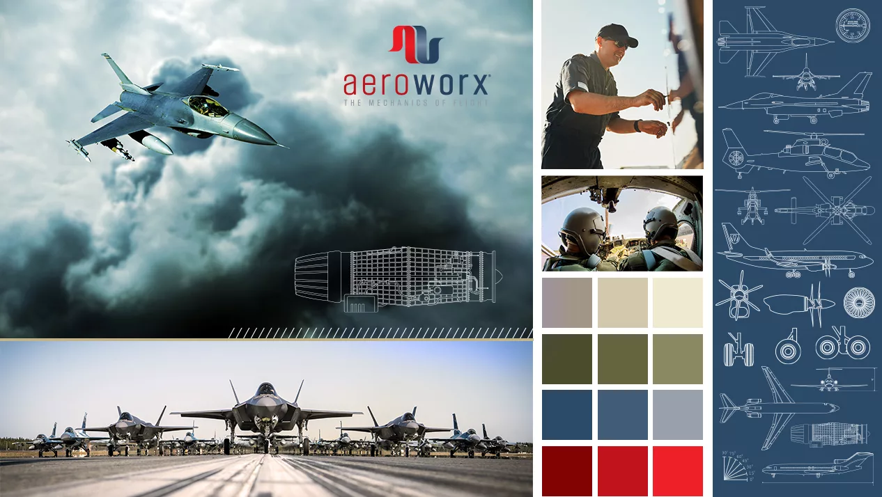 Collage of Aeroworx branding with images of fighter jets, schematics and color palette