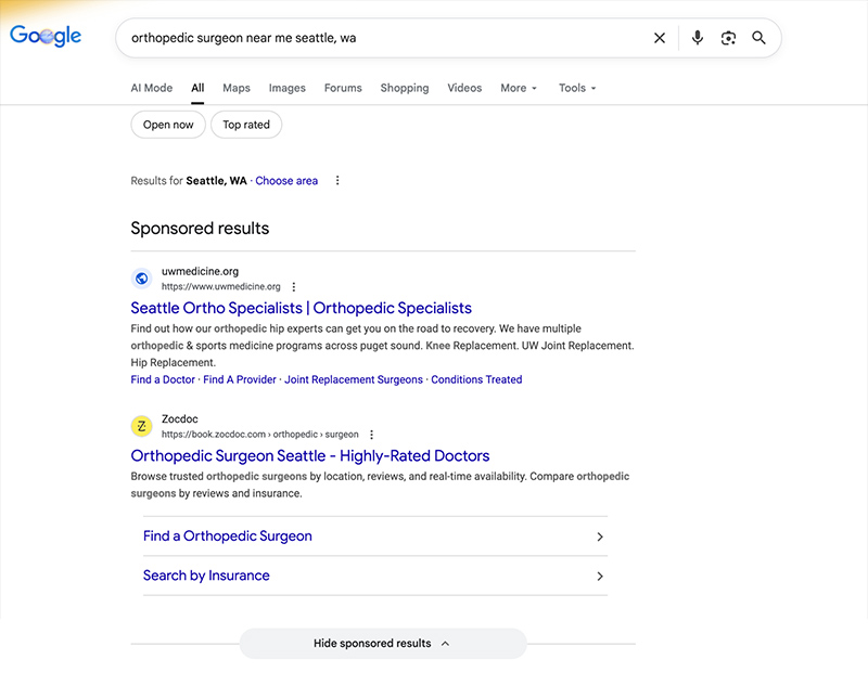Screenshot of a google search for "orthopedic Surgeon near Seattle wa".